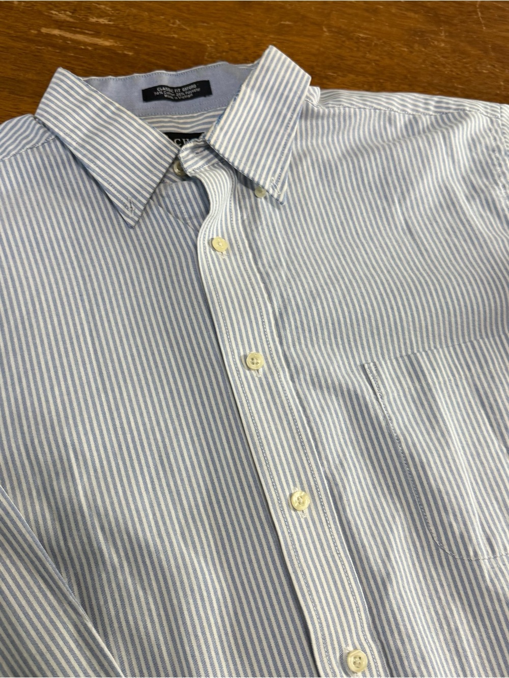 Chaps Men’s 16-16.5 32/33 Classic Fit Oxford Shirt Blue White Stripe Wrinkle Fre